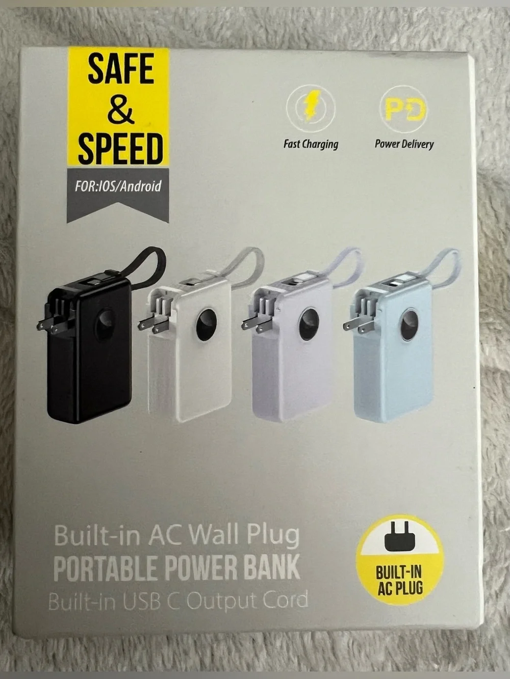 NIB Portable Power Bank with Built-In AC Plug in White
